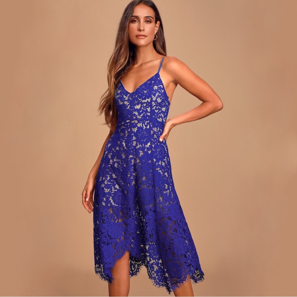 Lulu's Royal Blue Lace A-Line Midi Dress